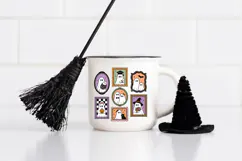 Retro Halloween PNG showing seven cute ghost portraits arranged in an offset gallery layout. Decorative oval, round and rectangular frames use muted purple, orange, green, pink and black with simple flat color and clean linework.