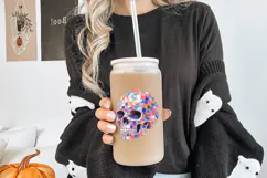 Digital PNG design with a colorful disco ball skull, shiny square tiles, sparkle accents, and a bold Halloween-meets-retro-party feel.