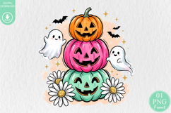 Retro Pastel Pumpkin Stack PNG, Cute Ghost Daisy Sublimation Product Image 1