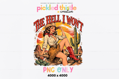 Vintage western cowgirl illustration sitting on a fence with red cowboy boots, desert background with cactus and sunset, retro pin-up style design in warm tones, high resolution PNG for t-shirt printing