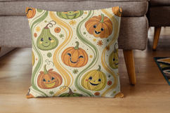 retro pumpkin patch, funny smile design, groovy 70s pattern, happy Halloween art, psychedelic pumpkin design, silly face pattern, vintage fall fun, playful patch art, quirky Halloween design, party decor pattern
