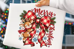 Merry Christmas Reindeer PNG | Buffalo Plaid Bow Sublimation Product Image 3
