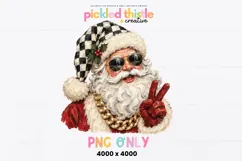 Textured Christmas PNG showing a modern Santa Claus with a curly white beard, reflective sunglasses, gold jewelry and bold checkered hat in cream, black and festive red.