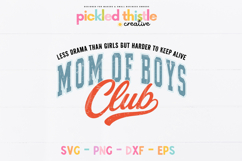 Retro sports style “Mom of Boys Club” design with distressed varsity lettering and script overlay, displayed on a clean white background to highlight bold typography and vintage texture.