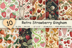 Retro Strawberry Gingham Digital Paper, Seamless Watercolor Fruit Pattern Pack, Printable Scrapbook Paper, Y2K Summer Design Bundle