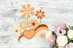 Hippie Flowers SVG Groovy Design with Heart and Stars, Retro Summer PNG Illustration for Cricut and Silhouette Cutting Machines