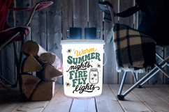 Camping-inspired SVG design with fireflies and jar graphic, featuring bold retro lettering and warm tones for summer crafts and apparel.