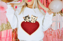 Retro Valentine kitten artwork with a bold red heart and ornate lace border, illustrated in a nostalgic hand-drawn style.