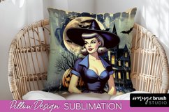 Retro Witch Pillow Cover - Halloween Pillow Sublimation PNG Product Image 1
