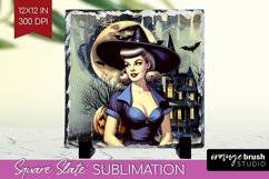 Witch Slate PNG - Retro Halloween Square Slate Sublimation Product Image 1