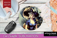 Witch Car Coaster - Retro Halloween Coaster PNG Sublimation Product Image 1