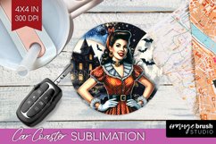 Witch Car Coaster - Retro Halloween Coaster PNG Sublimation Product Image 1