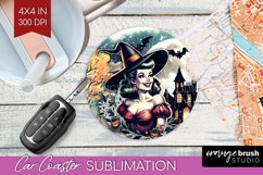 Witch Car Coaster - Retro Halloween Coaster PNG Sublimation Product Image 1