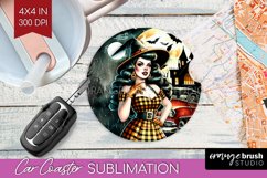 Witch Car Coaster - Retro Halloween Coaster PNG Sublimation Product Image 1