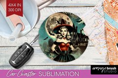 Witch Car Coaster - Retro Halloween Coaster PNG Sublimation Product Image 1