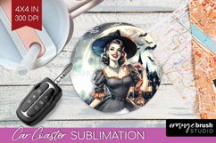 Witch Car Coaster - Retro Halloween Coaster PNG Sublimation Product Image 1