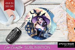 Witch Car Coaster - Retro Halloween Coaster PNG Sublimation Product Image 1