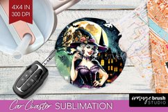 Witch Car Coaster - Retro Halloween Coaster PNG Sublimation Product Image 1
