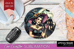 Witch Car Coaster - Retro Halloween Coaster PNG Sublimation Product Image 1
