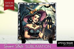 Witch Slate PNG - Retro Halloween Square Slate Sublimation Product Image 1