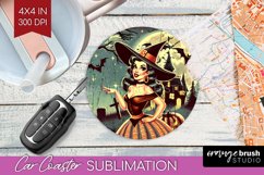 Witch Car Coaster - Retro Halloween Coaster PNG Sublimation Product Image 1