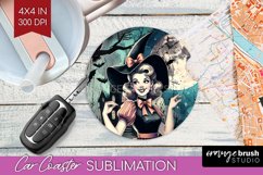 Witch Car Coaster - Retro Halloween Coaster PNG Sublimation Product Image 1