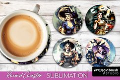 Retro Witch Round Coaster, Halloween Coaster Sublimation PNG Product Image 1