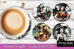Retro Witch Round Coaster, Halloween Coaster Sublimation PNG Product Image 1
