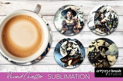 Retro Witch Round Coaster, Halloween Coaster Sublimation PNG Product Image 1