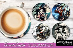 Retro Witch Round Coaster, Halloween Coaster Sublimation PNG Product Image 1