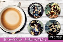 Retro Witch Round Coaster, Halloween Coaster Sublimation PNG Product Image 1