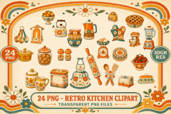 Retro Kitchen Clipart, Groovy 70s Kitchen PNG, Vintage Product Image 1