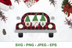 Christmas retro truck with gnomes SVG Buffalo plaid pickup Product Image 1