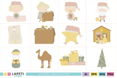 Cute Reyes Magos clipart bundle with sweet pastel tones and kawaii-style characters.