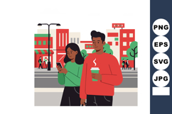 Young couple walking in urban city holding coffee and smartp Product Image 1