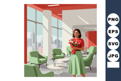 Woman holding bouquet of red flowers in modern office lobby Product Image 1