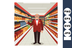 Elderly man in red jacket shopping in supermarket aisle with Product Image 1