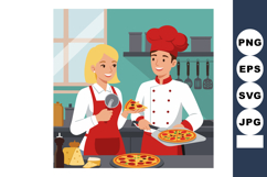 Chef and woman cooking pizza together in kitchen with red ap Product Image 1