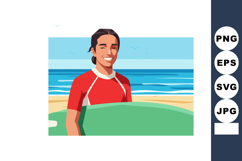 Surfer smiling holding green surfboard on beach with blue oc Product Image 1
