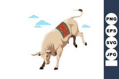 Bull with decorative red and green saddle in dynamic pose ve Product Image 1