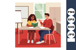 Two students studying together at classroom desk sharing kno Product Image 1
