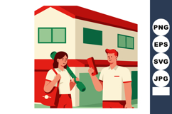 Young man and woman holding blueprint tubes in front of mode Product Image 1