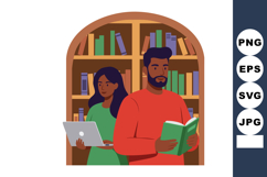 Young man reading book and woman using laptop in library wit Product Image 1
