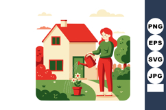 Woman watering flowers in garden outside house with red roof Product Image 1
