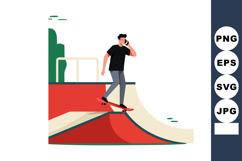 Skateboarder using phone while riding on red skate park ramp Product Image 1