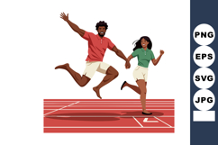 Happy athletic couple running and jumping on track field cel Product Image 1