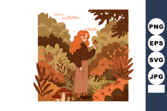 Woman with red hair holding mushroom in autumn forest surrou Product Image 1