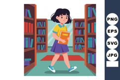 Girl walking in library holding book between bookshelves vec Product Image 1