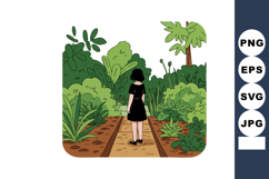 Girl walking on garden path surrounded by lush green plants Product Image 1