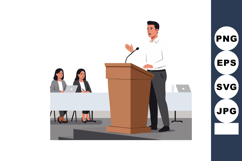 Man giving speech at podium while two women listen in profes Product Image 1